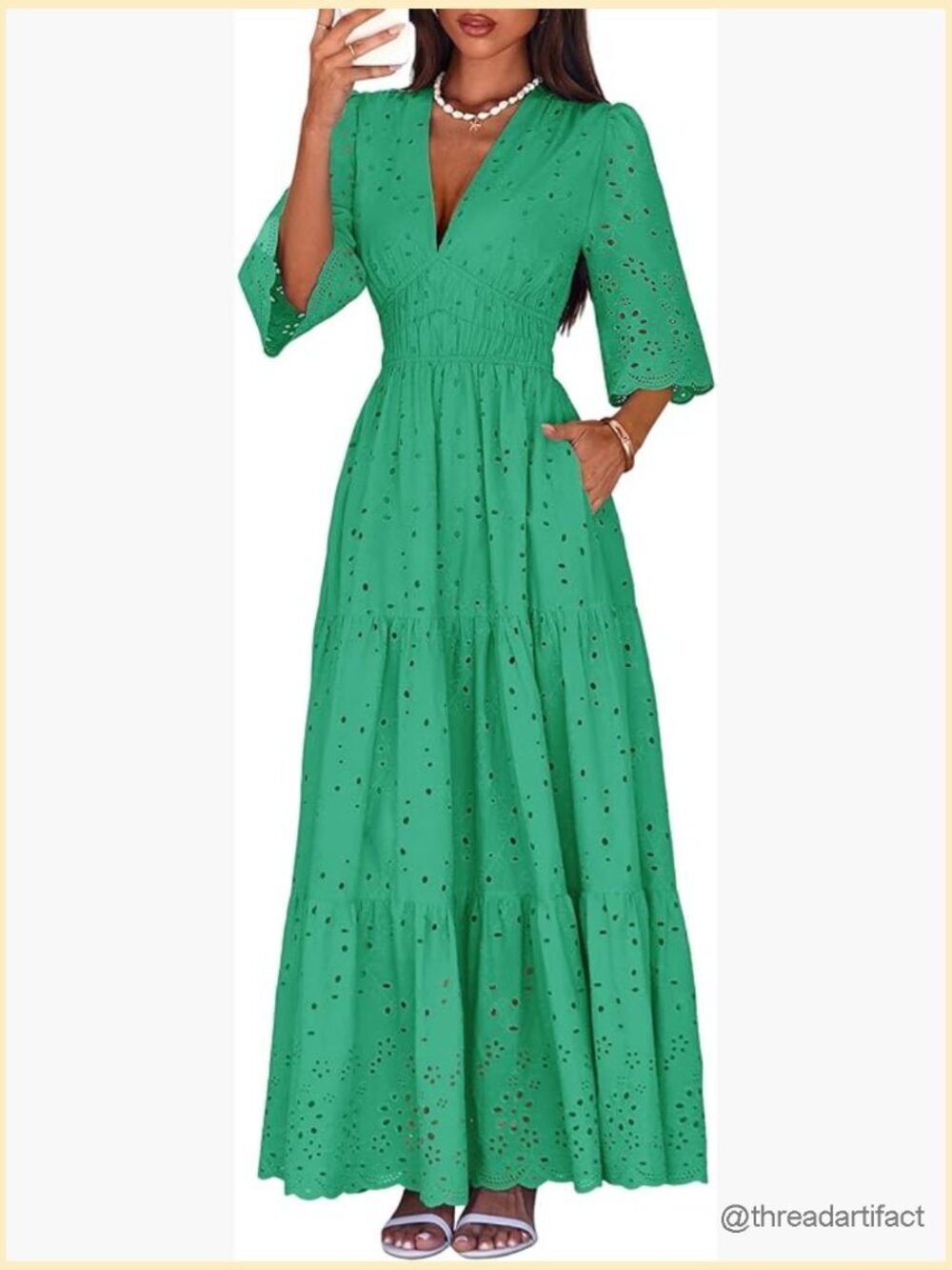 Long Sleeve V Neck Eyelet Ruffle Swing A-Line Maxi Dress